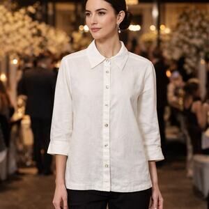 Jillian Jones 100% Linen White Blouse Women's Small 3/4 Sleeve Button Front